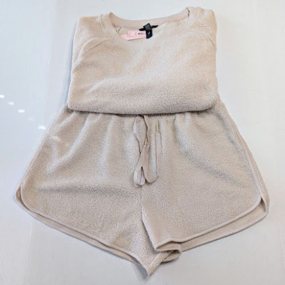 NWT Victoria's Secret XL Teddy Bear Fleece Crewneck 2 Piece Loungewear PJ Set